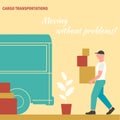 Vector illustration working man carries boxes in a truck, moving to a new house, moving office, courier delivery Royalty Free Stock Photo